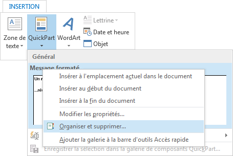 Organiser et supprimer un QuickPart