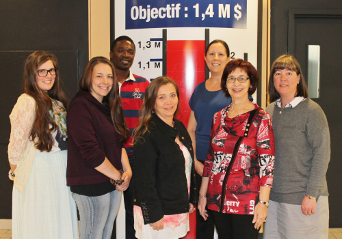 Jade Cantin, Axelle Croteau, Bertrand Nzepa Nouneneu, Chantal Trempe, Martine Descôteaux, adjointe administrative, Micheline Dufour, superviseure de la salle d'appel et Lucy Sicard, directrice générale de la Fondation. Absentes au moment de la prise de photo : Laeticia Grosset et Laura Morin-Parent.