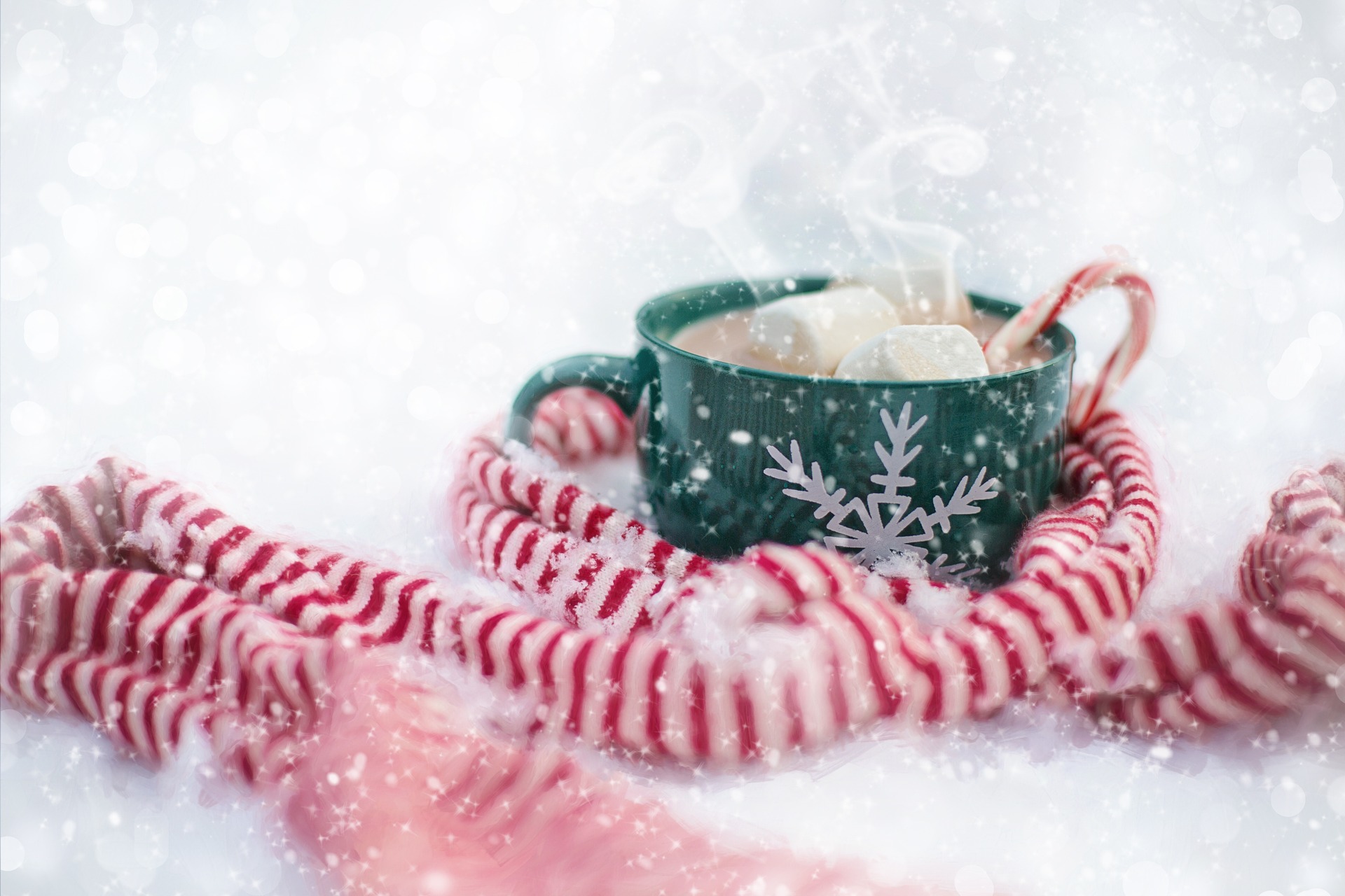 Tasse de chocolat chaud avec guimauves et écharpe rayée