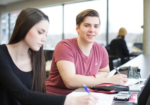 Deux étudiants travaillent à la bibliothèque