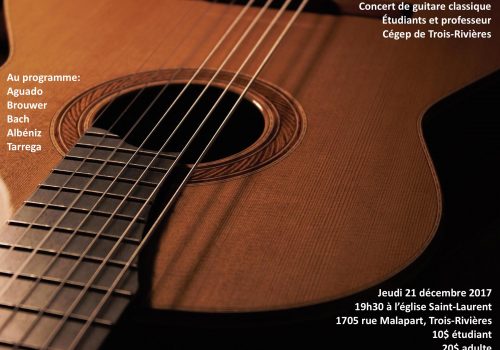 Affiche - photo d'une guitare pour annoncer un concert de la classe de guitare classique du cégep TR