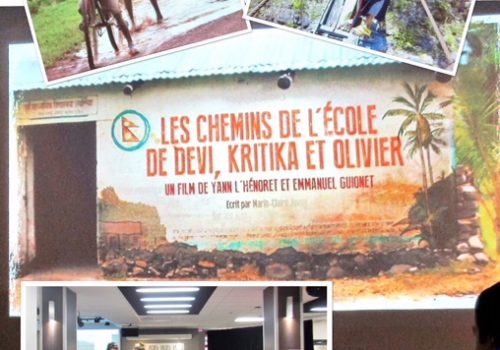 Montage de photos Étudiants dans une classe, enfants à bicyclette et enfants qui traversent un pont